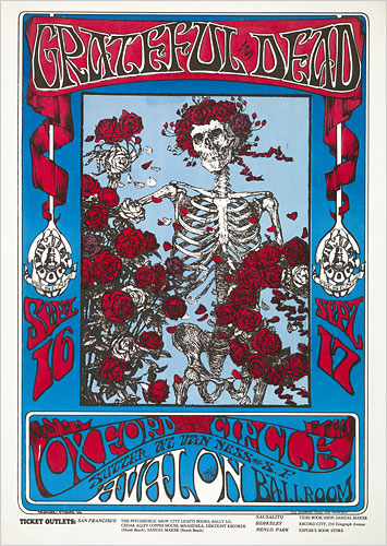 The skeleton and roses concert poster for the Avalon Ballroom 9-16-66 by Stanley Mouse and Alton Kelley